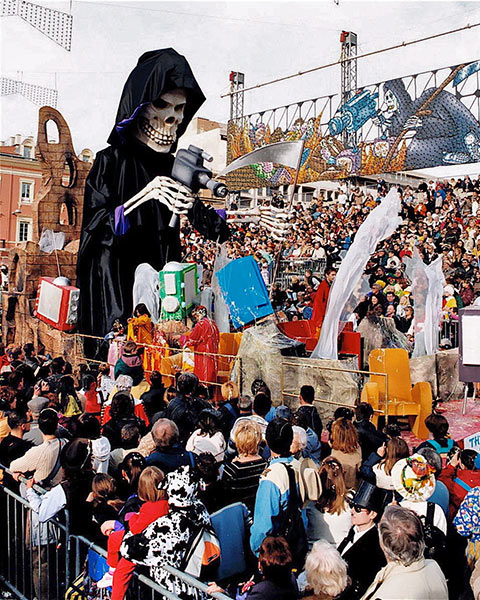 TV media as the Grim Reaper in a Nice carnival