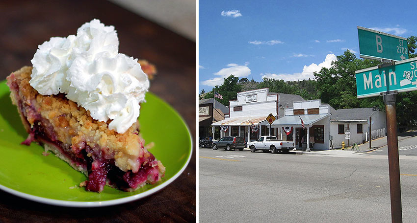 Julian apple pie and a street in Julian, CA