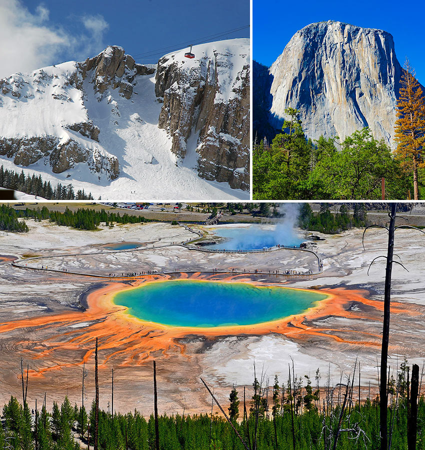 scenes from Grand Teton, Yellowstone and Yosemite National Parks