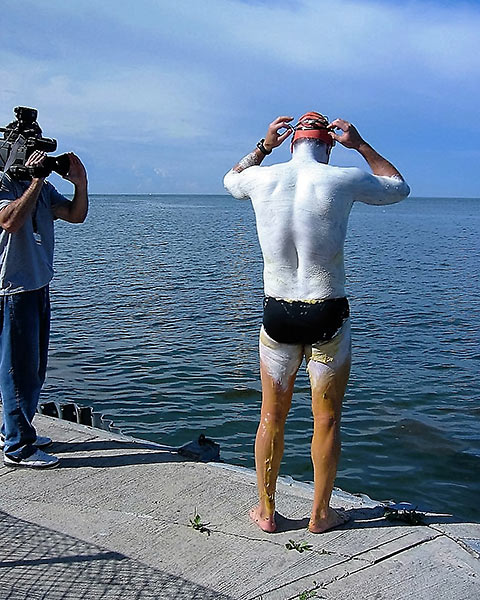 Shaun Chisholm getting ready to swim Lake Ontario