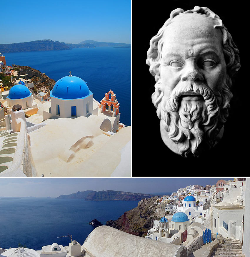 scenes at Santorini and sculpture of Socrates